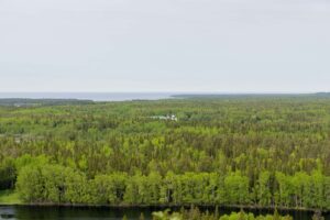 Дальний вид с Секирной горы на монастырский комплекс среди зеленого леса и воды