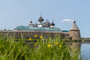 Крепостные стены Соловецкого монастыря и травы у воды, фото к туру Путь на Север